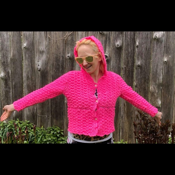 Hand Crafted Sweaters - Neon Pink Crocheted Hoodie